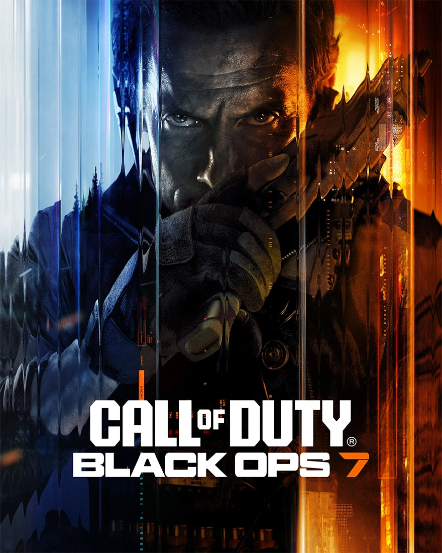 Промоционален плакат за 'Call of Duty: Black Ops 7' с герой, държащ оръжие.