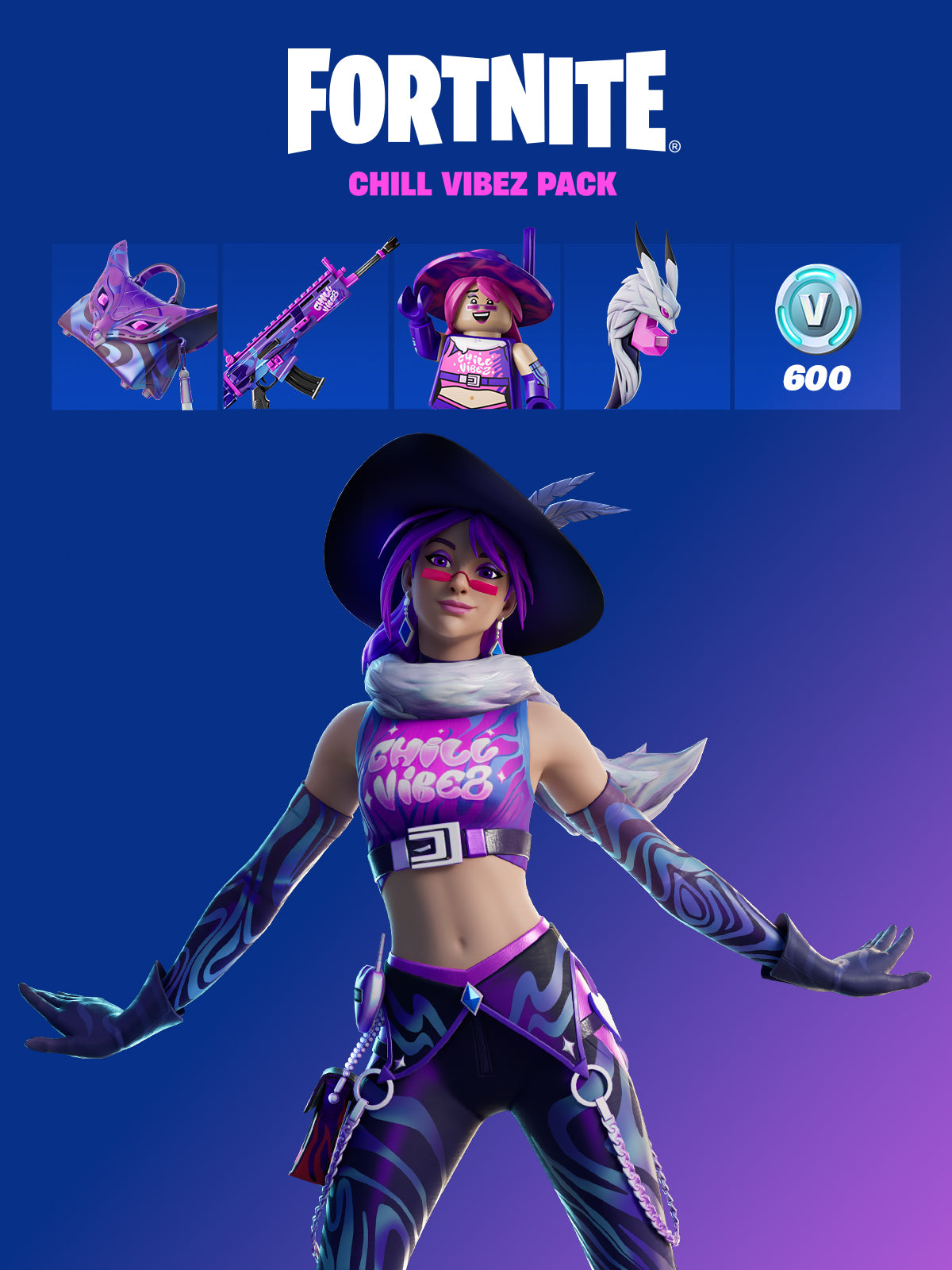 Promotional image for Fortnite - Chill Vibez Pack DLC featuring in-game character outfits and accessories with a purple and blue theme.