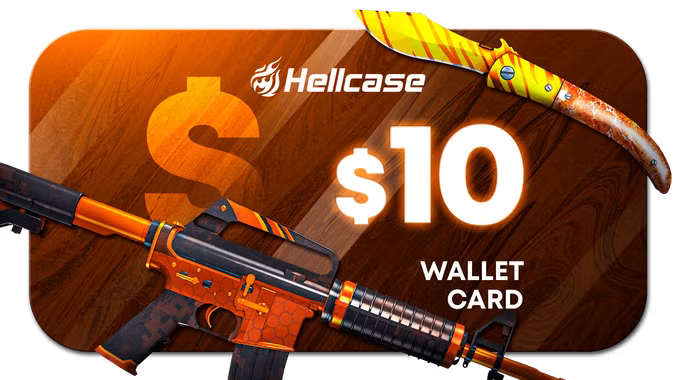 Hellcase $10 wallet card with a stylized gun design on a brown background