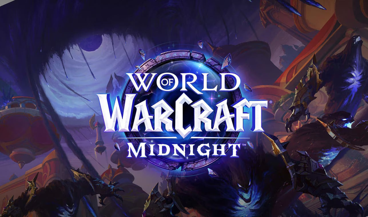 Лого на World of Warcraft Midnight с фантастични герои и елементи на заден план