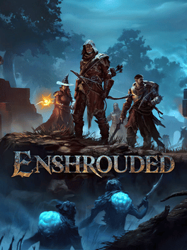 The image features a dark, atmospheric scene with three characters in silhouette, highlighting the mysterious and suspenseful theme of the game 'Enshrouded'. The background is misty and foreboding, with a clear night sky above.
