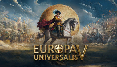 Game cover of 'Europav Universalis V' with a character on horseback and soldiers in the background.