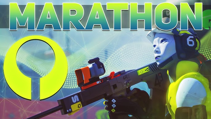 Заглавие на играта 'Marathon' с герой, държащ оръжие на фона на цветен фон