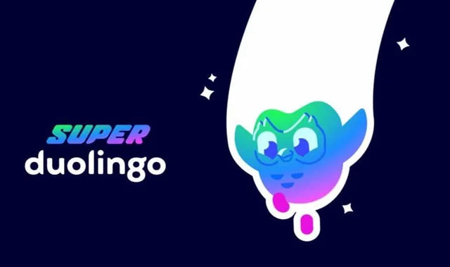 Super Duolingo logo with a colorful character on a dark background