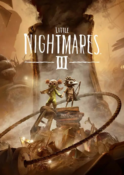 Promotional image for 'Little Nightmares III' featuring two characters standing on a platform with a large creature in the background.