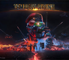 Promotional image for 'Tempest Rising' with a futuristic helmet and battle scene.