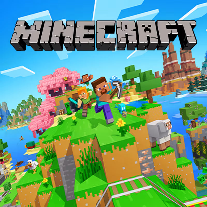 Minecraft game cover with characters and pixelated landscape