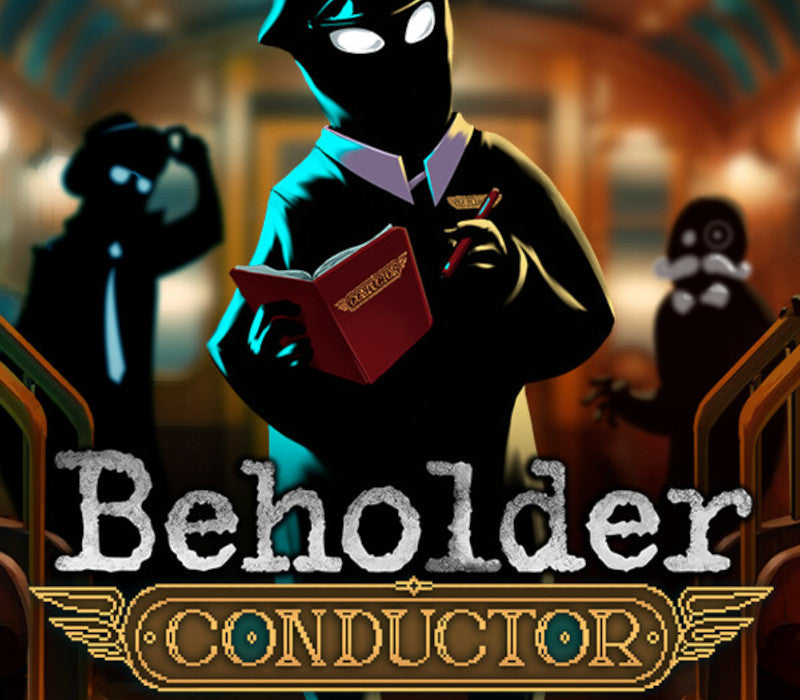 Character in a conductor outfit holding a book with 'Beholder Conductor' text in a train setting