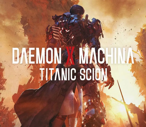 Promotional image for 'Daemon X Machina Titanic Scion' with a robot in a dramatic setting.