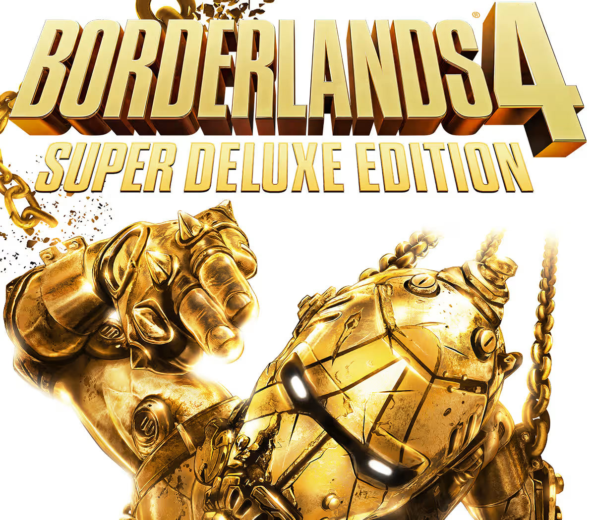 Promotional image for 'Borderlands 4 Super Deluxe Edition' featuring gold armor and fists.