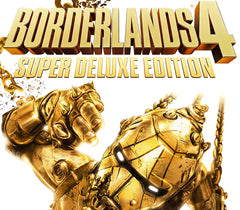 Promotional image for 'Borderlands 4 Super Deluxe Edition' featuring gold armor and fists.