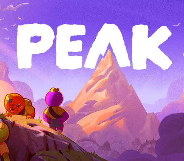 Two animated characters standing on a mountain peak with the word 'PEAK' displayed above.