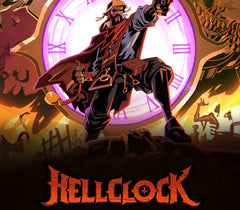 Animated character with a clock and 'Hellclock' text in a dark, action-packed scene.