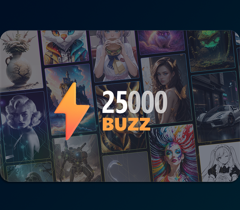 Collage of artistic images with '25000 Buzz' and a lightning bolt icon on a dark background.