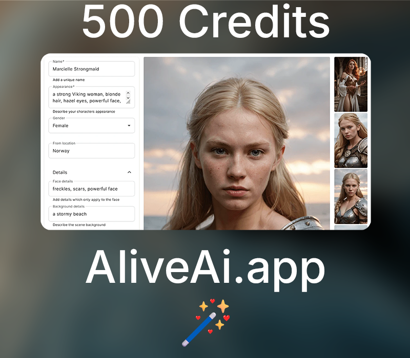 Character creation interface with a Viking woman's portrait and settings on AliveAi.app platform.