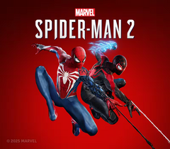 Marvel Spider-Man 2 promotional artwork featuring Spider-Man and Miles Morales in action poses against a solid red background, with the Marvel Spider-Man 2 title at the top.