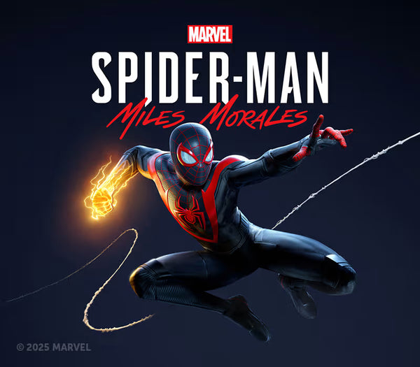 Spider-Man in a dynamic pose with 'Marvel Spider-Man Miles Morales' text on a dark background