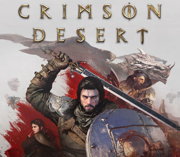 Promotional poster for 'Crimson Desert' featuring a warrior with a sword and shield, with the game's title above.