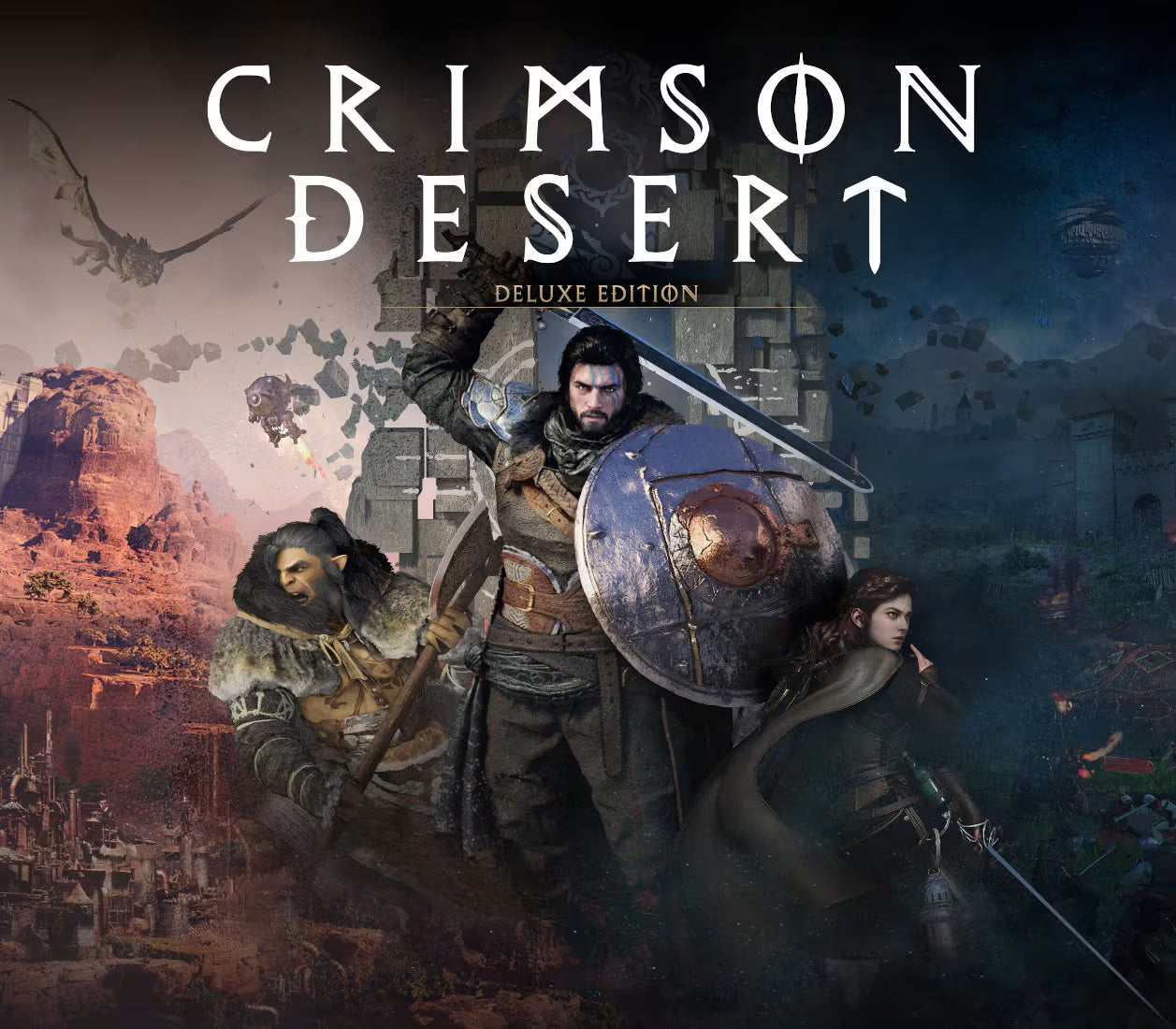 Cover of 'Crimson Desert' Deluxe Edition featuring characters in a desert setting.