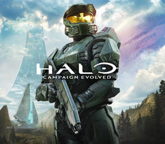 Halo Campaign Evolved cover art featuring a Spartan in green armor with a gold visor, holding a rifle against a dramatic sky and futuristic landscape background. The Halo logo is prominently displayed across the center.