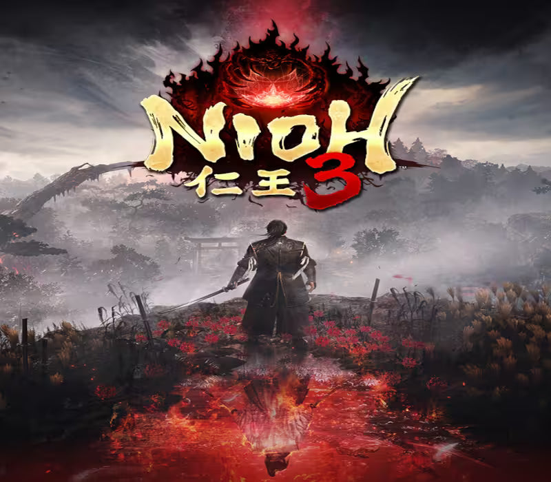 Nioh 3 game cover art featuring a dark samurai warrior standing in a smoky battlefield with red blood and the game title 'Nioh 3' in large stylized text at the top.