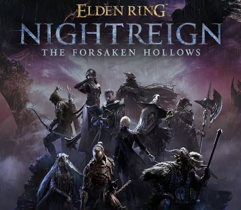Promotional artwork for Elden Ring: Nightreign - The Forsaken Hollows, showing a group of fantasy characters in dark, moody armor and cloaks against a smoky purple and black background with the game title text at the top.