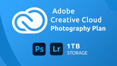 Plano de Fotografia do Adobe Creative Cloud com os logotipos do Photoshop e Lightroom em um fundo azul