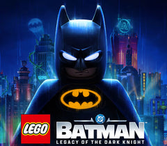 LEGO Batman: Legacy of the Dark Knight game cover art featuring a LEGO Batman minifigure centered against a rainy, neon-lit Gotham City skyline. The LEGO logo and DC logo are visible at the bottom.