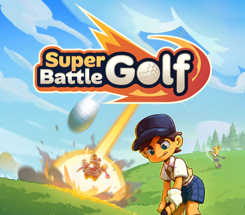 Super Battle Golf game title with a character holding a golf club and an explosion in the background.