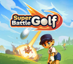 Super Battle Golf game title with a character holding a golf club and an explosion in the background.