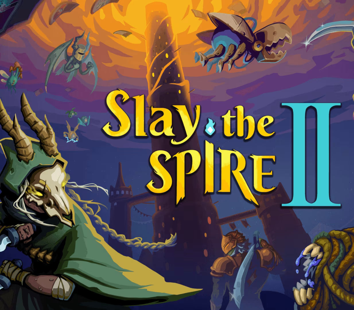 Fantasy game cover art for 'Slay the Spire II' featuring stylized fantasy creatures, a castle, and large title text in yellow and teal over a dramatic orange and purple sky.