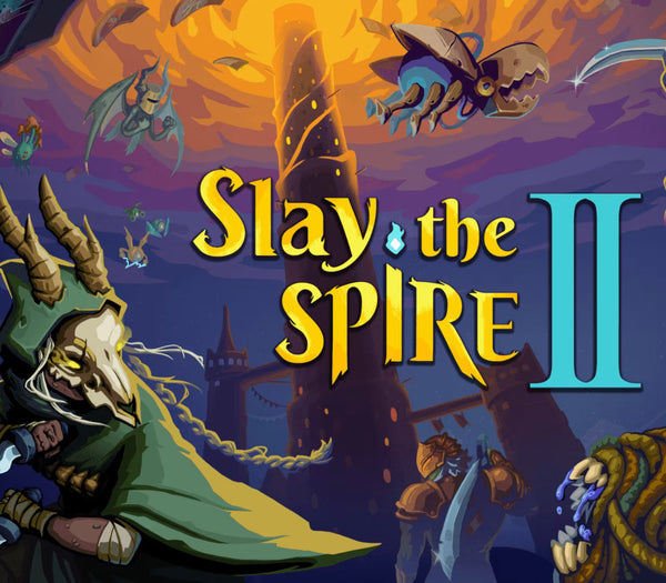 Fantasy game cover art for 'Slay the Spire II' featuring stylized fantasy creatures, a castle, and large title text in yellow and teal over a dramatic orange and purple sky.