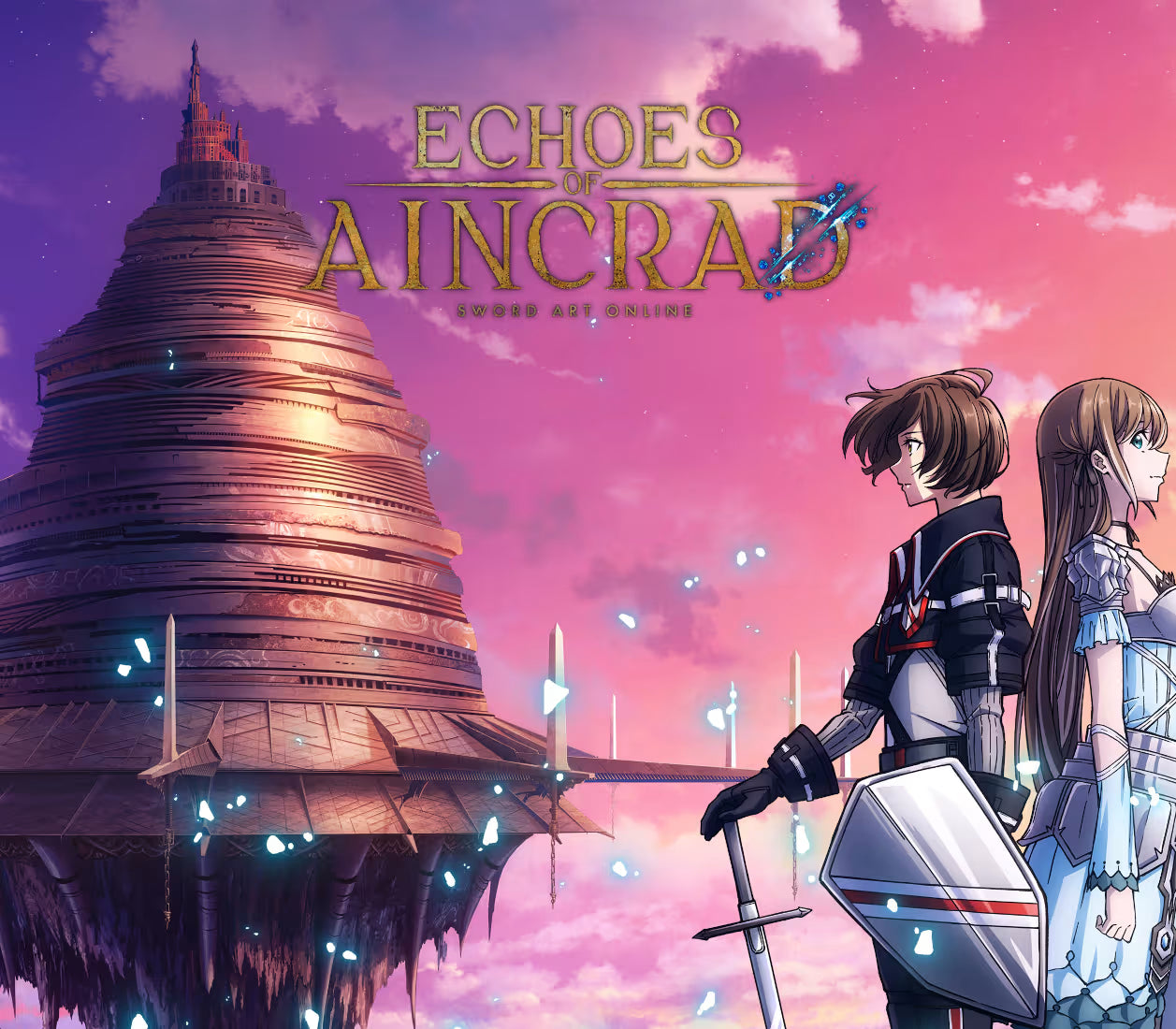 Anime-style cover art for 'Echoes of Aincrad' showing a large metallic tower against a pink-purple sky, with two characters in the foreground and the title text at the top.