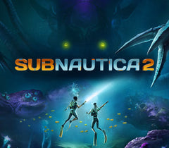 Subnautica 2 video game cover art featuring two divers swimming underwater with a flashlight, surrounded by fish and large marine creatures in deep blue and purple tones, with the title 'SUBNAUTICA 2' across the center.