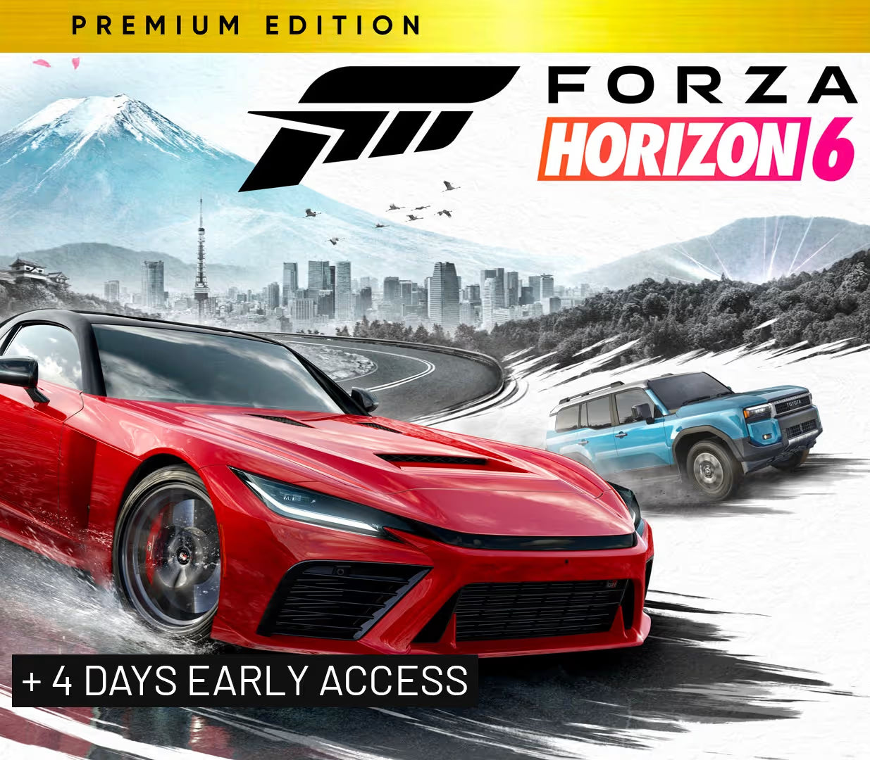 Promotional cover art for Forza Horizon 6 Premium Edition, showing a red sports car and a blue SUV driving on a snowy mountain road, with the game title logo and text including '+ 4 DAYS EARLY ACCESS'.
