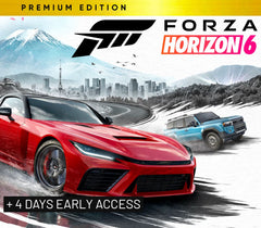 Promotional cover art for Forza Horizon 6 Premium Edition, showing a red sports car and a blue SUV driving on a snowy mountain road, with the game title logo and text including '+ 4 DAYS EARLY ACCESS'.