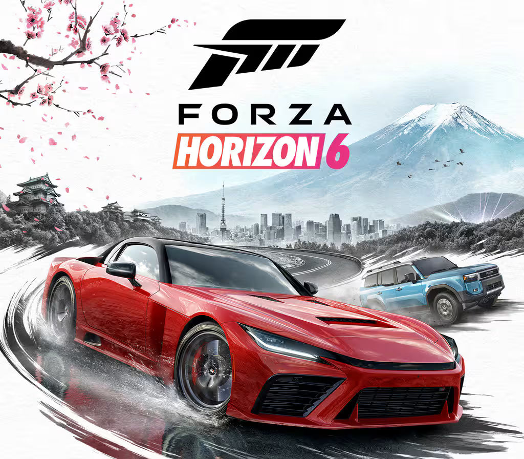 Promotional artwork for Forza Horizon 6 showing a red sports car drifting on a snowy road with a blue SUV behind it, a city skyline, and a snow-capped mountain in the background. The Forza Horizon 6 logo is centered at the top.