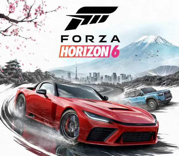 Promotional artwork for Forza Horizon 6 showing a red sports car drifting on a snowy road with a blue SUV behind it, a city skyline, and a snow-capped mountain in the background. The Forza Horizon 6 logo is centered at the top.