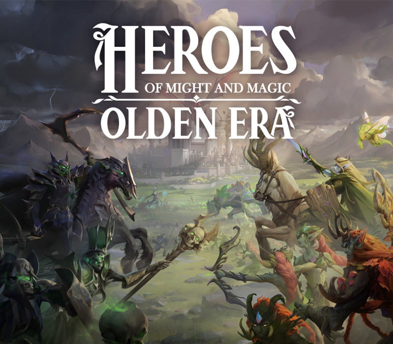 Promotional image for 'Heroes of Might and Magic: Olden Era' with fantasy characters and creatures.