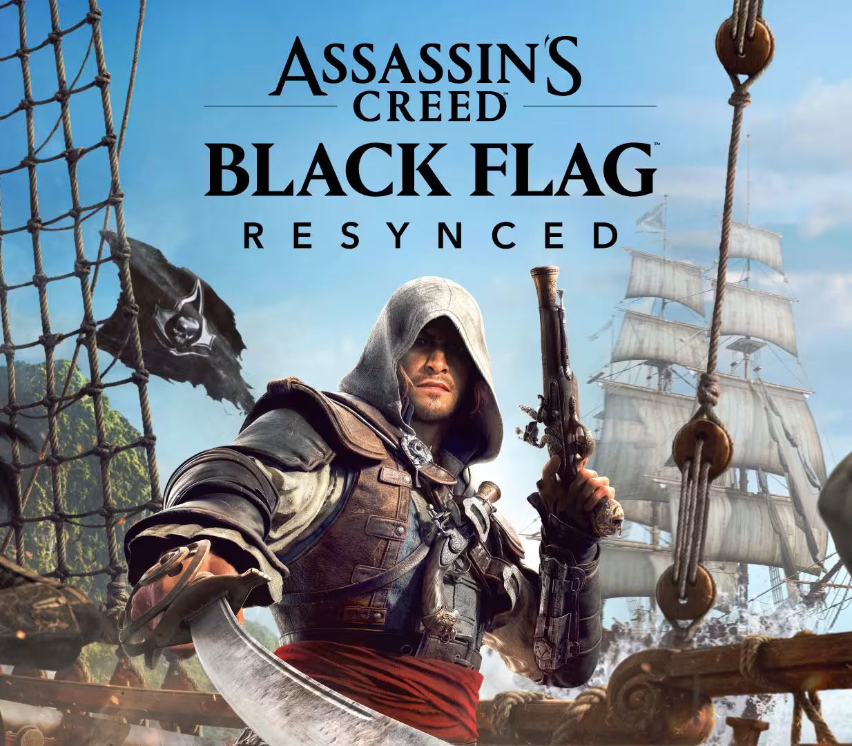 Promotional artwork for Assassin's Creed Black Flag Resynced, showing a hooded pirate character in front of a sailing ship and mast against a blue sky.