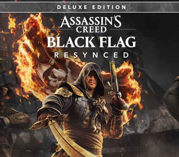 Promotional cover art for Assassin's Creed Black Flag Resync'd Deluxe Edition, showing a hooded pirate warrior holding a sword and pistol with dramatic flames and a skull flag in the background.