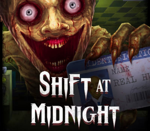 Promotional artwork for the horror video game 'Shift at Midnight' showing a monstrous zombie-like character with large pink eyes, blood on its face, and clawed hands holding a blue identification badge. The title 'SHIFT AT MIDNIGHT' is displayed in large white stylized text across the bottom.