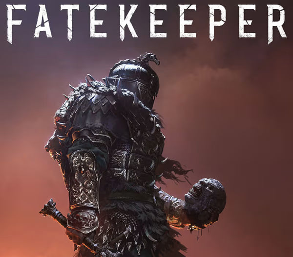 Digital cover art for Fatekeeper, featuring a heavily armored fantasy warrior seen from behind against a smoky, fiery brown and orange background, with the title 'FATEKEEPER' in large distressed white letters at the top.