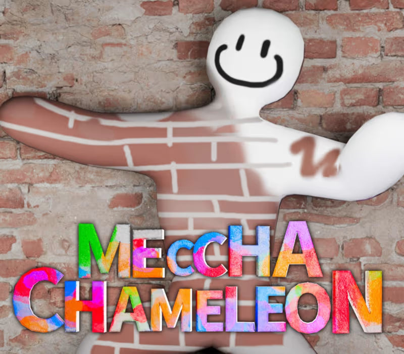 A stylized chameleon-shaped figure with a white smiling head and arms, tan body, and multicolored rainbow lettering reading 'MECCHA CHAMELEON' over a brick wall background.