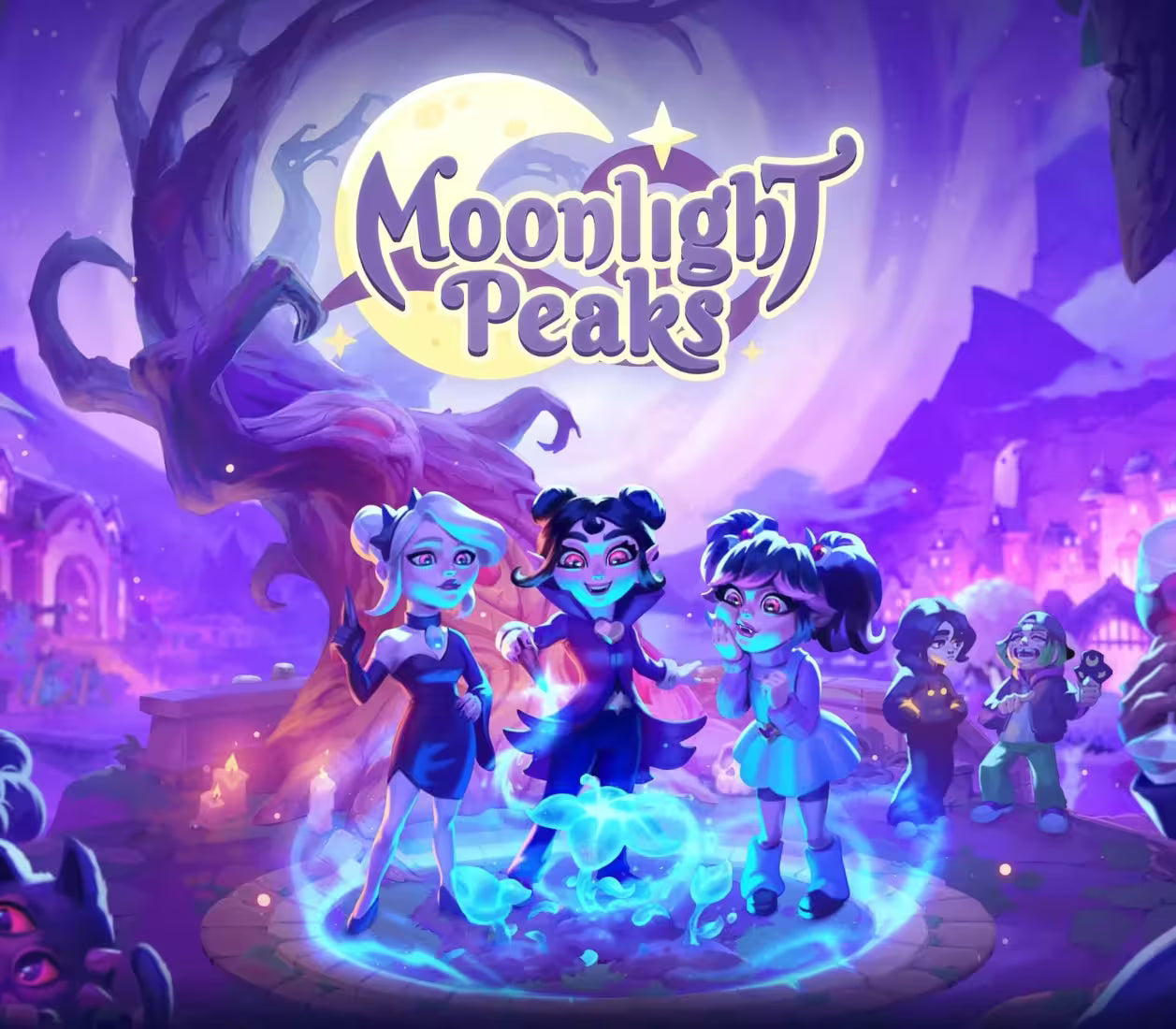 Promotional artwork for the game Moonlight Peaks, showing three stylized fantasy characters standing in a glowing blue circle under a large crescent moon and the game title. The scene is set in a purple-toned forest with spooky trees and small figures in the background.