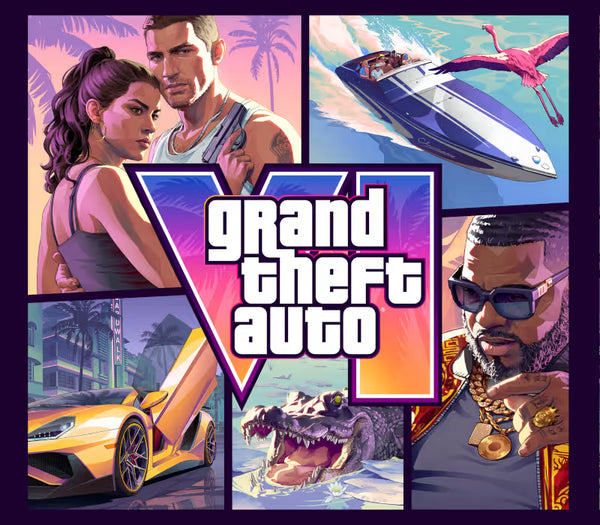 Grand Theft Auto VI game cover art featuring a collage of illustrated scenes and characters, including a woman and man, a speedboat, a yellow sports car, a crocodile, and a man wearing sunglasses and gold jewelry, with the large 'grand theft auto VI' title in the center.