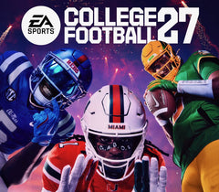 Promotional artwork for EA Sports College Football 27 featuring three football players in team uniforms against a purple and pink stadium background with fireworks. The EA Sports logo and the title 'COLLEGE FOOTBALL 27' are prominently displayed at the top.