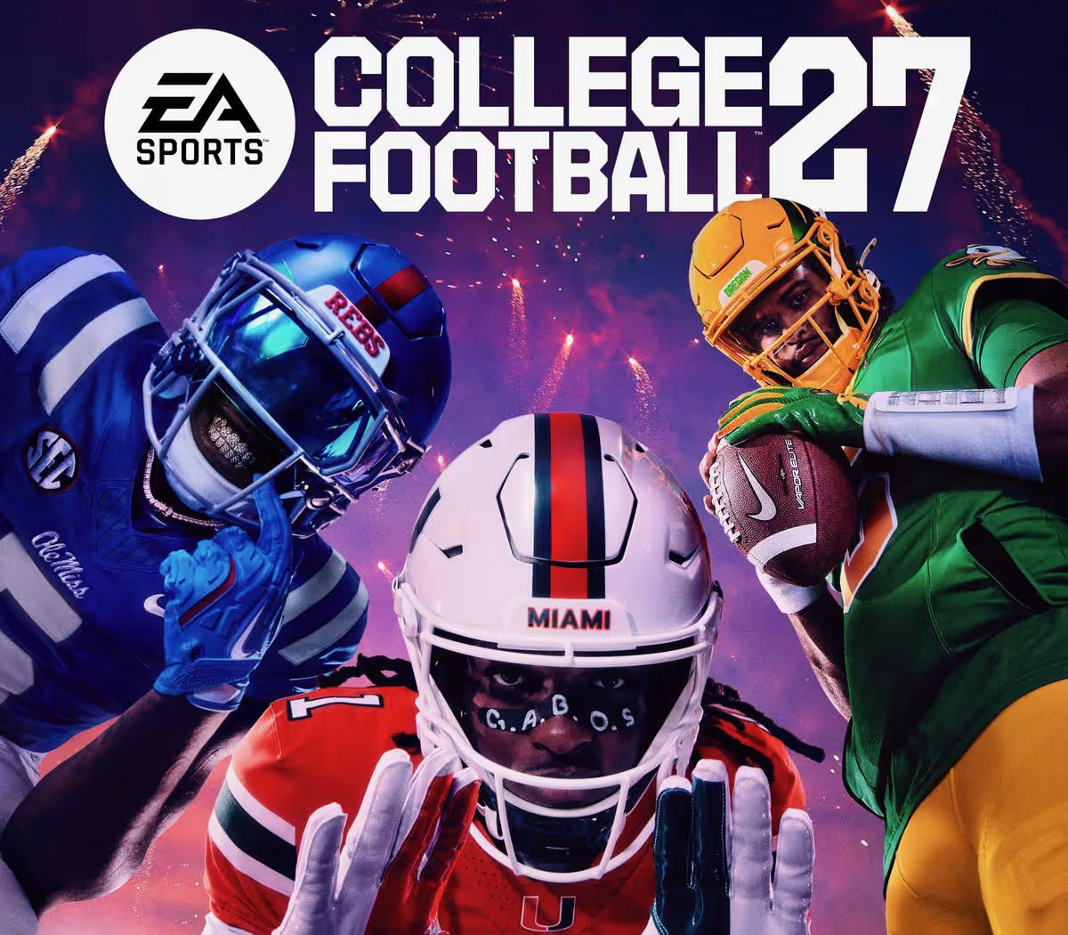 Promotional artwork for EA Sports College Football 27 featuring three football players in team uniforms against a purple and pink stadium background with fireworks. The EA Sports logo and the title 'COLLEGE FOOTBALL 27' are prominently displayed at the top.