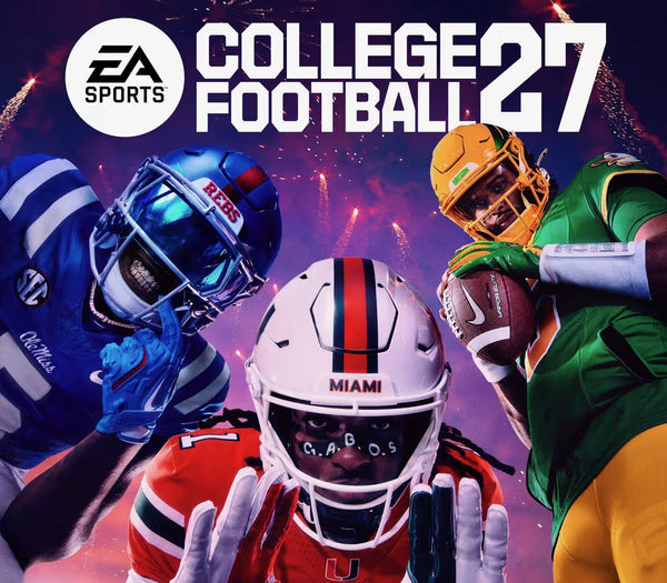 Promotional artwork for EA Sports College Football 27 featuring three football players in team uniforms against a purple and pink stadium background with fireworks. The EA Sports logo and the title 'COLLEGE FOOTBALL 27' are prominently displayed at the top.