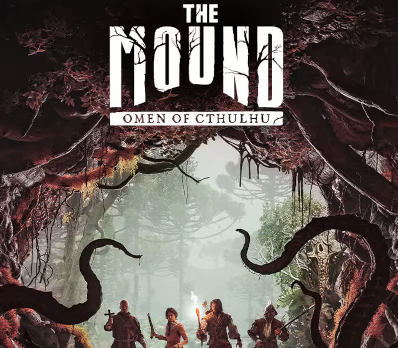 The Mound: Omen of Cthulhu video game cover art featuring four characters holding torches in a misty forest, framed by giant tentacles and dark organic structures, with the title text at the top.